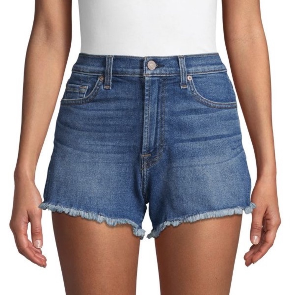 7 For All Mankind High-Rise Frayed Cuff Stretch Denim Jeans Shorts Size 29